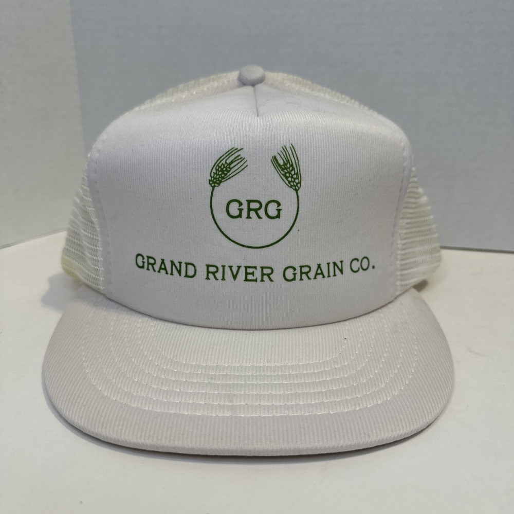 White Hat Grand River Grain Co Trucker Farmer Cap Mesh Snap Back *Discolored*